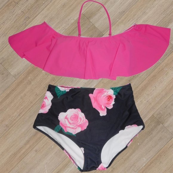 HOT PINK OFF SHOULDER TWO PIECE SWIMSUIT - Picture 1 of 2